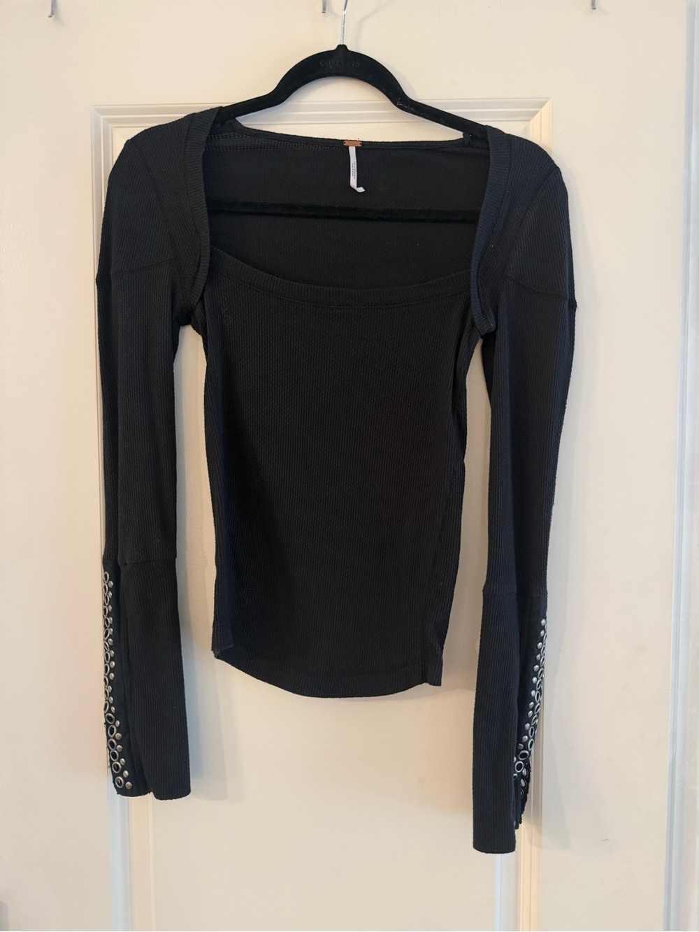 Free People Black Grommet-Trim Square Neck Long Sleeve Top - Picture 2 of 3
